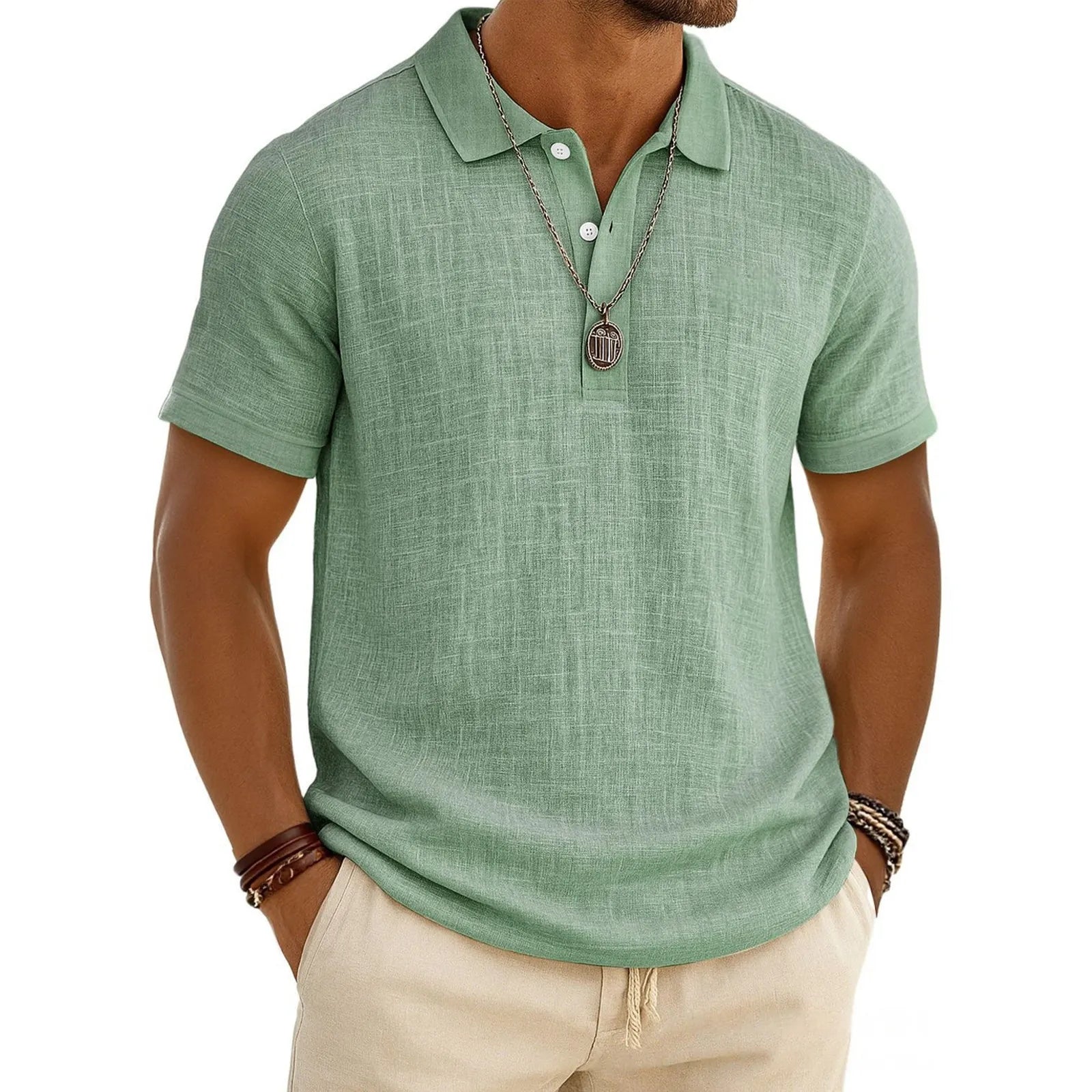 Men's Slub Cotton-Linen Casual Polo Shirt