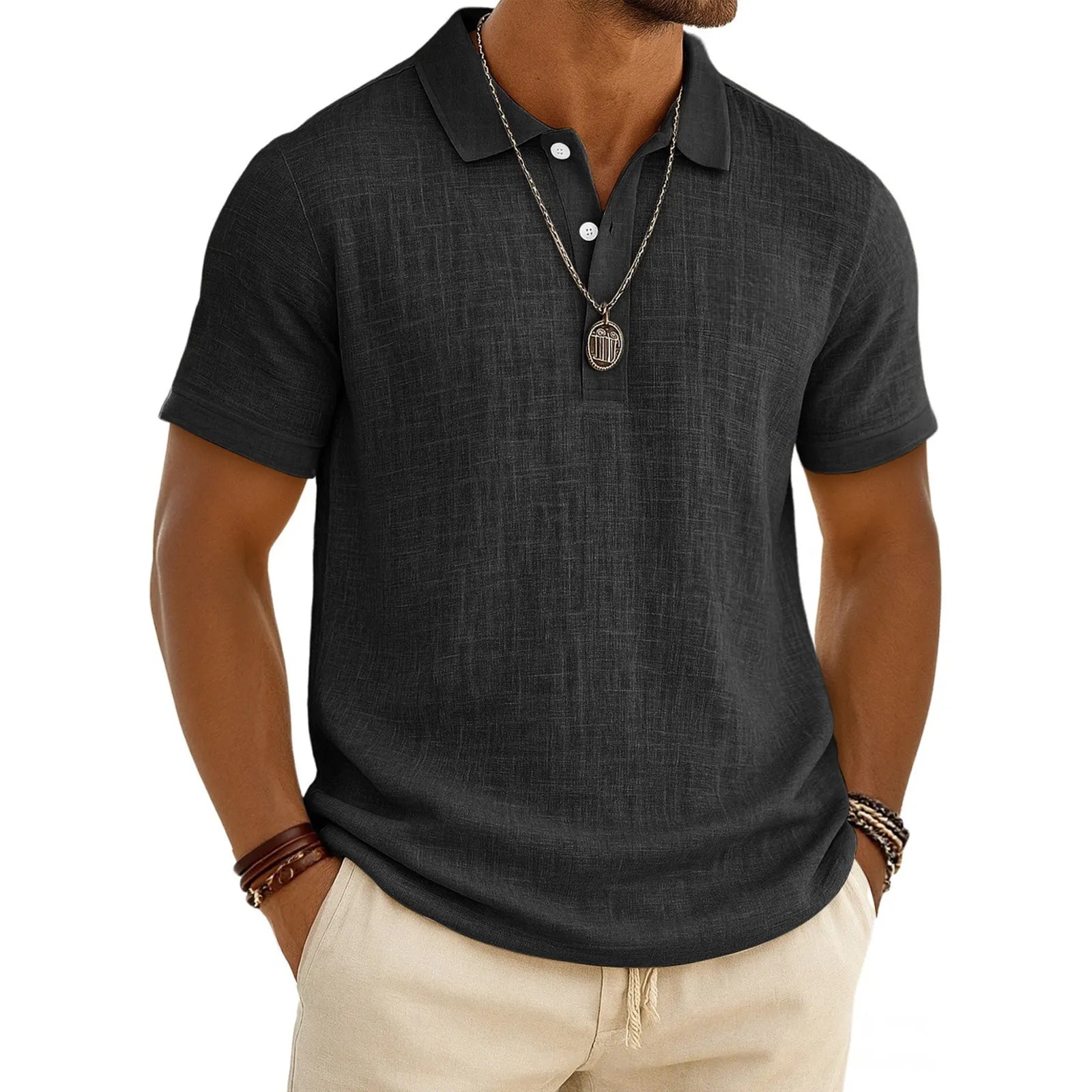 Men's Slub Cotton-Linen Casual Polo Shirt