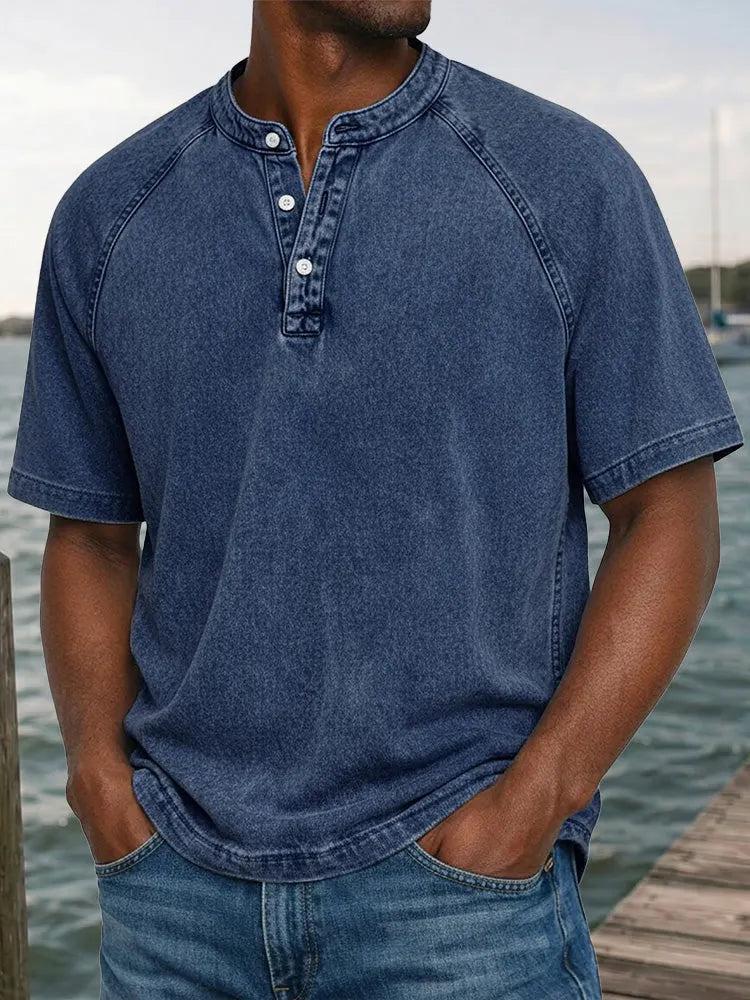 Men's Washed Denim-Look Henley Raglan Short Sleeve Tee