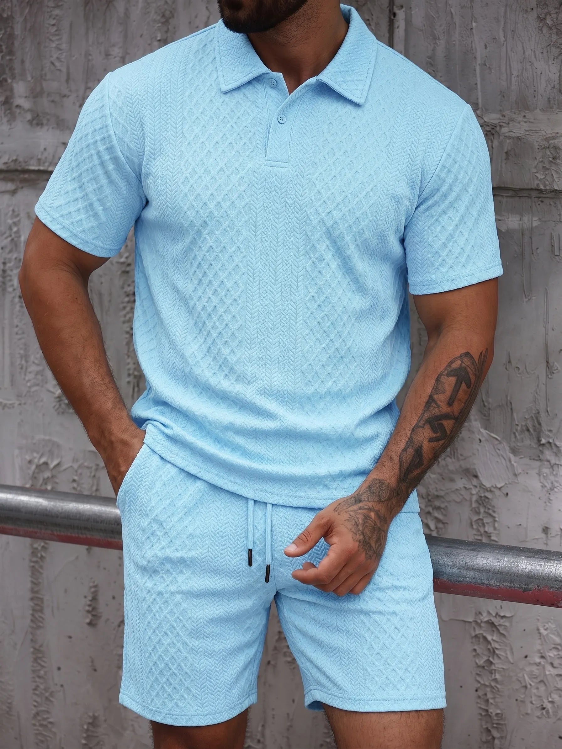 Textured Jacquard Polo Shirt and Shorts 2 Piece Set