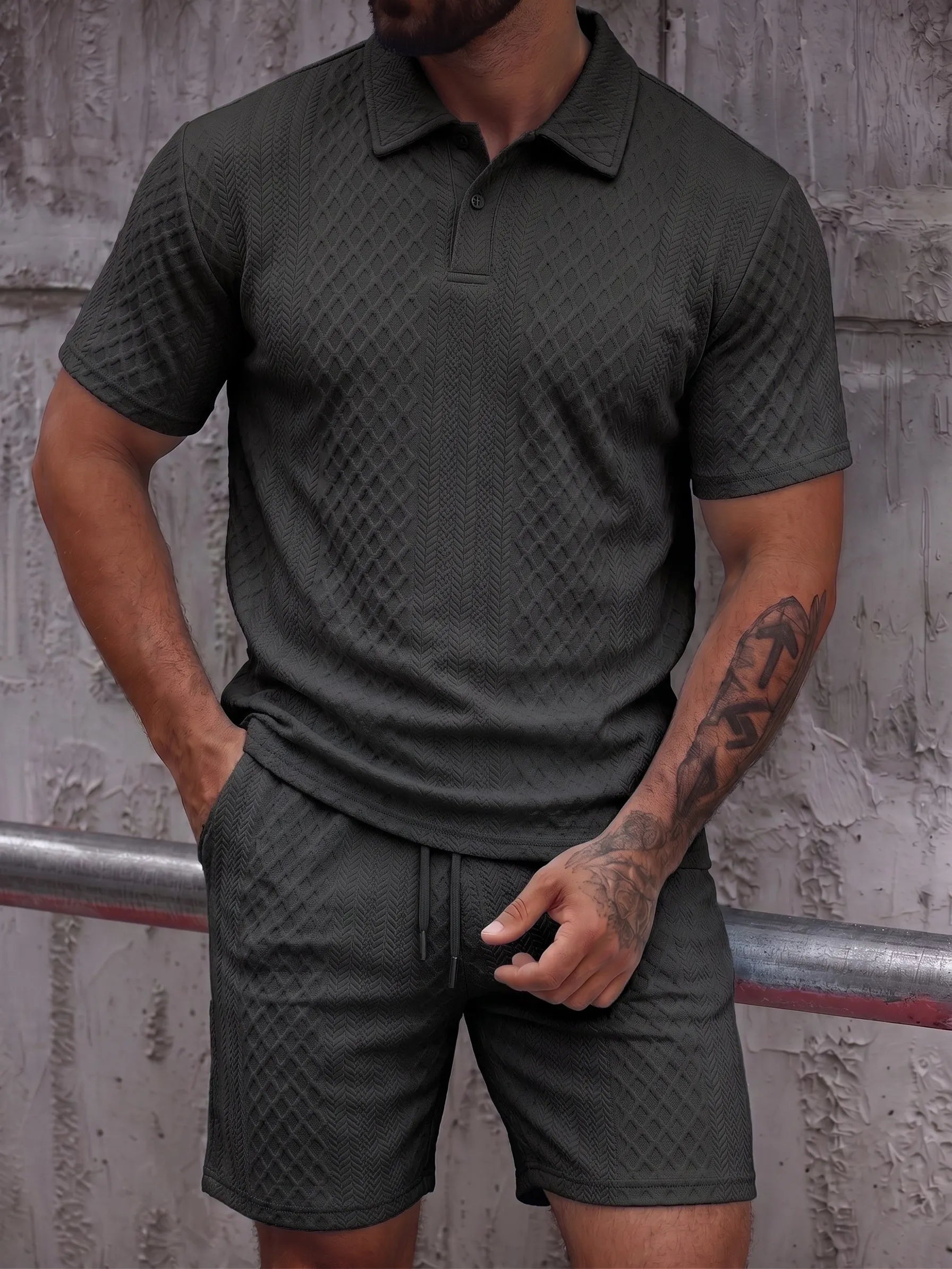 Textured Jacquard Polo Shirt and Shorts 2 Piece Set