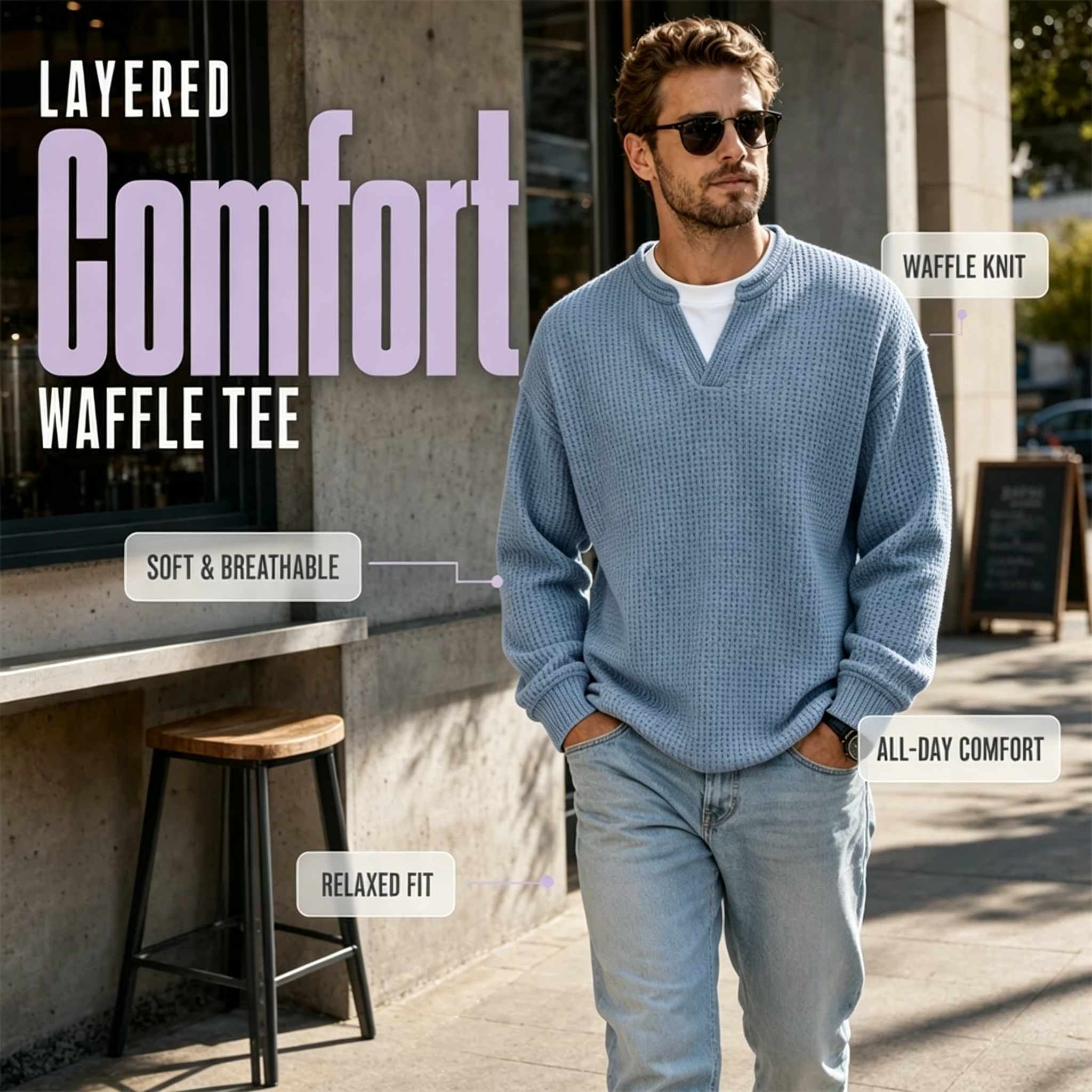 ⏳ LAST DAY 66% OFF! 🔥 Timeless Comfort | Men's Textured Waffle Layered-Look Long-Sleeve Tee