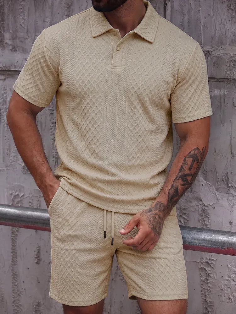Textured Jacquard Polo Shirt and Shorts 2 Piece Set