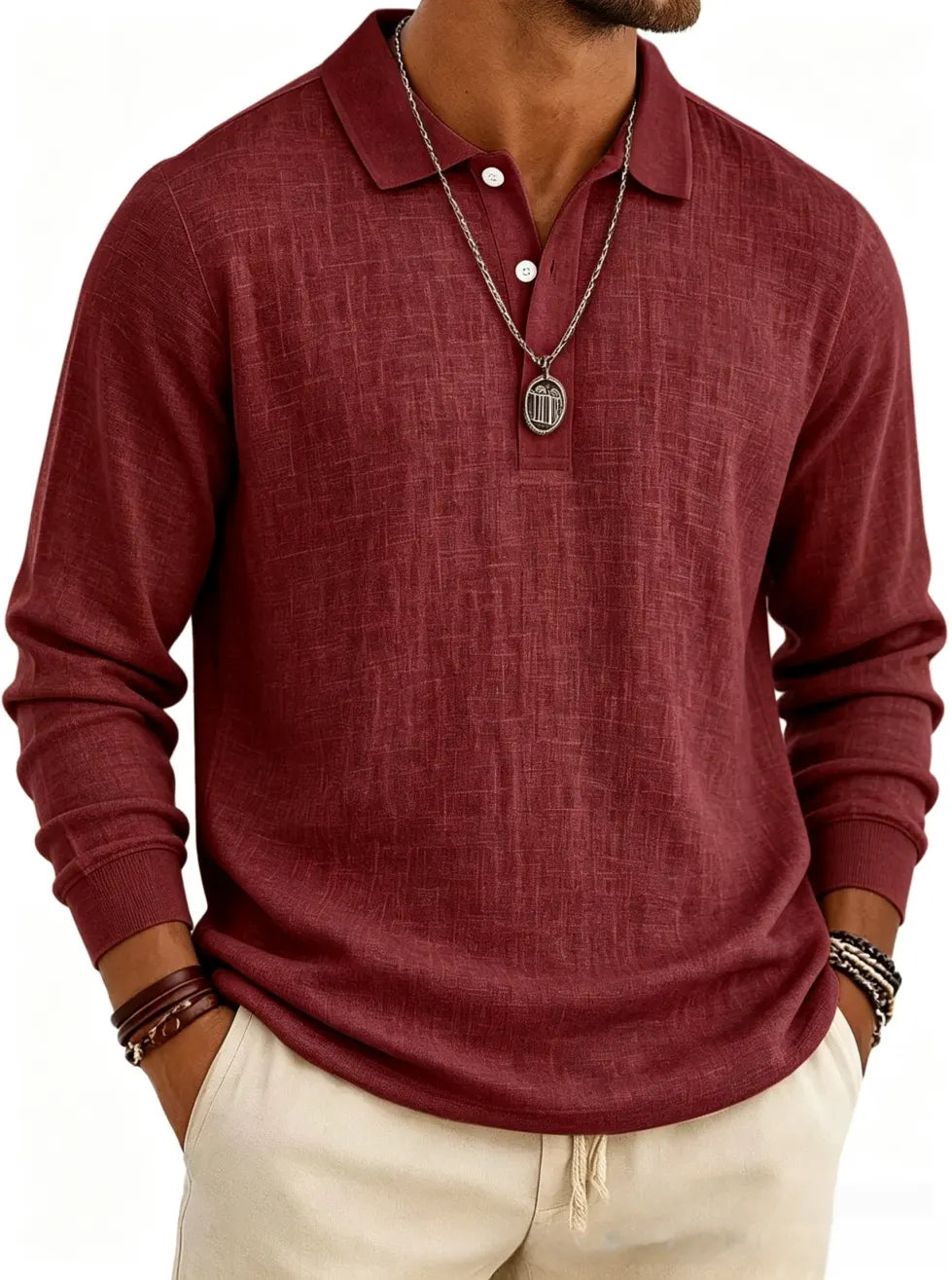 Men's Long Sleeve Cotton Linen Casual Polo Shirt