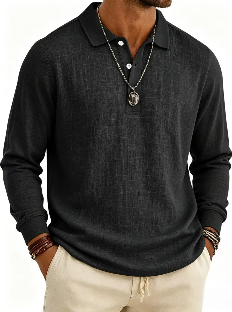 Men's Long Sleeve Cotton Linen Casual Polo Shirt