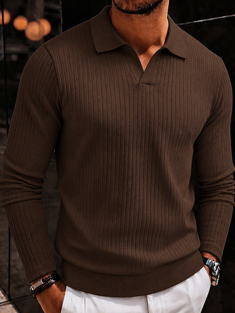 Minimalist Long Sleeve Ribbed Knit Polo Shirt