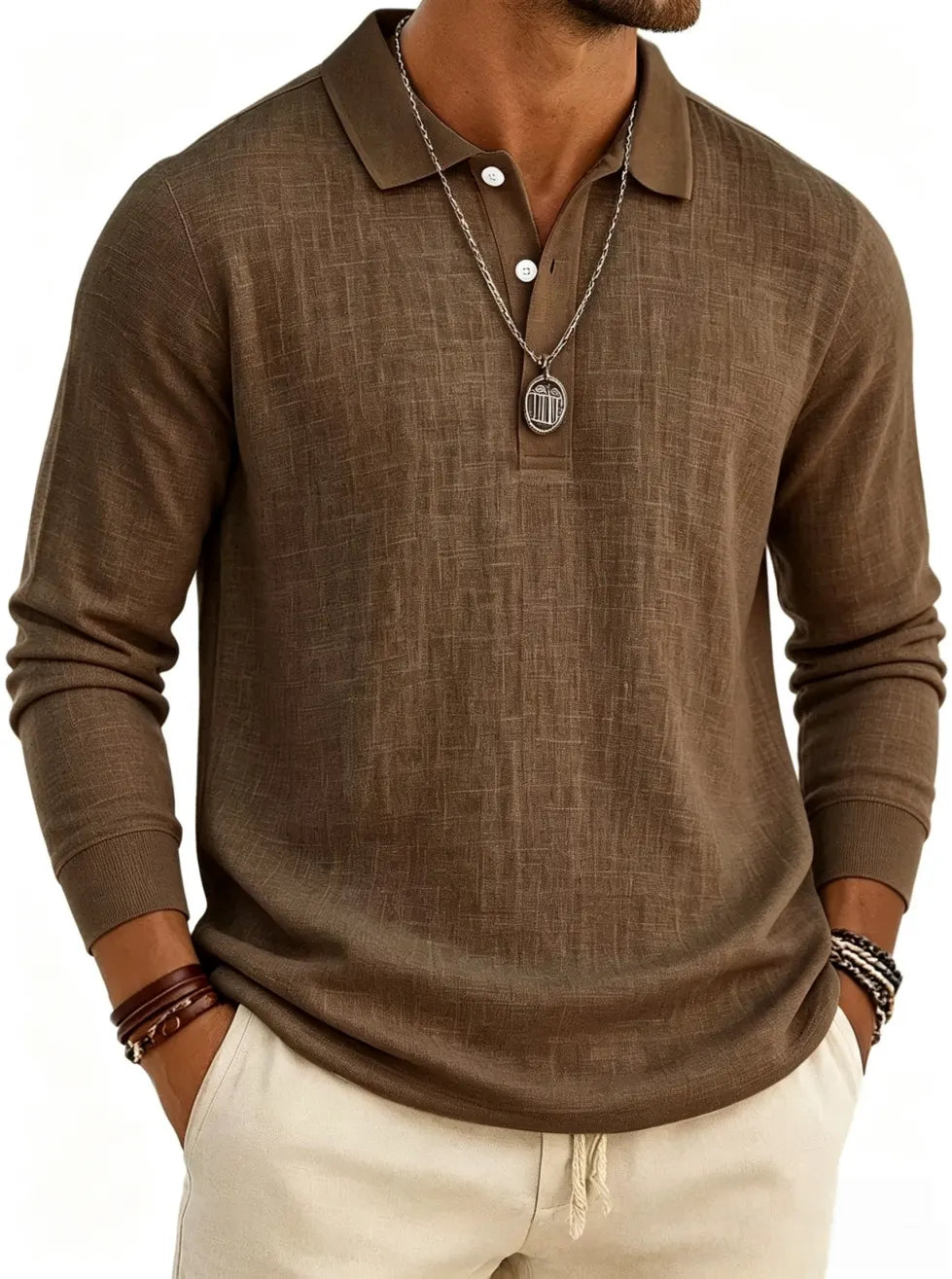 Men's Long Sleeve Cotton Linen Casual Polo Shirt