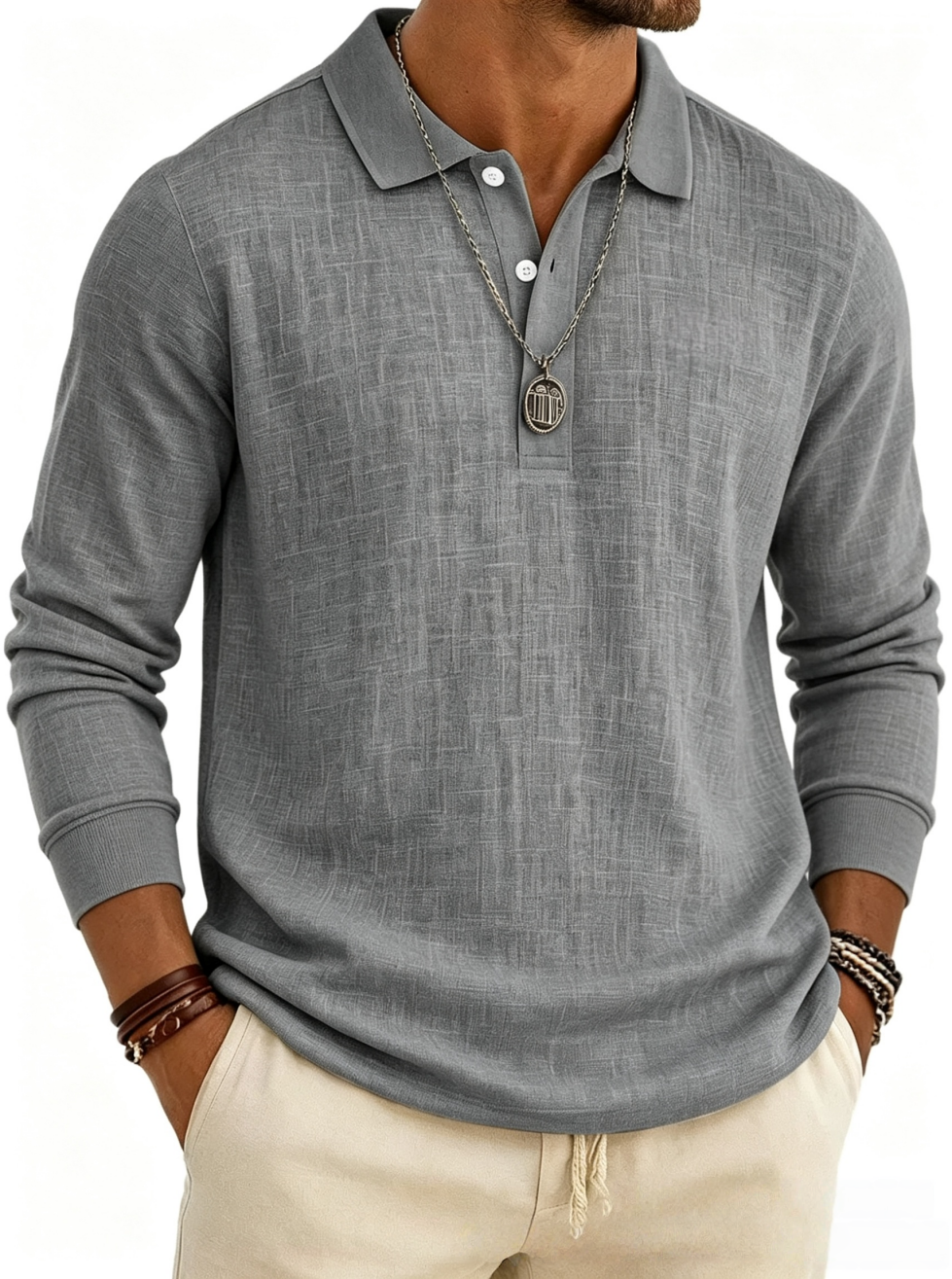 Men's Long Sleeve Cotton Linen Casual Polo Shirt