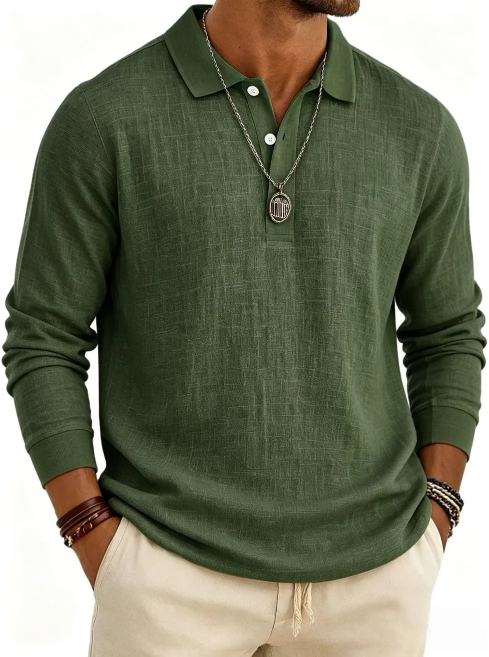 Men's Long Sleeve Cotton Linen Casual Polo Shirt