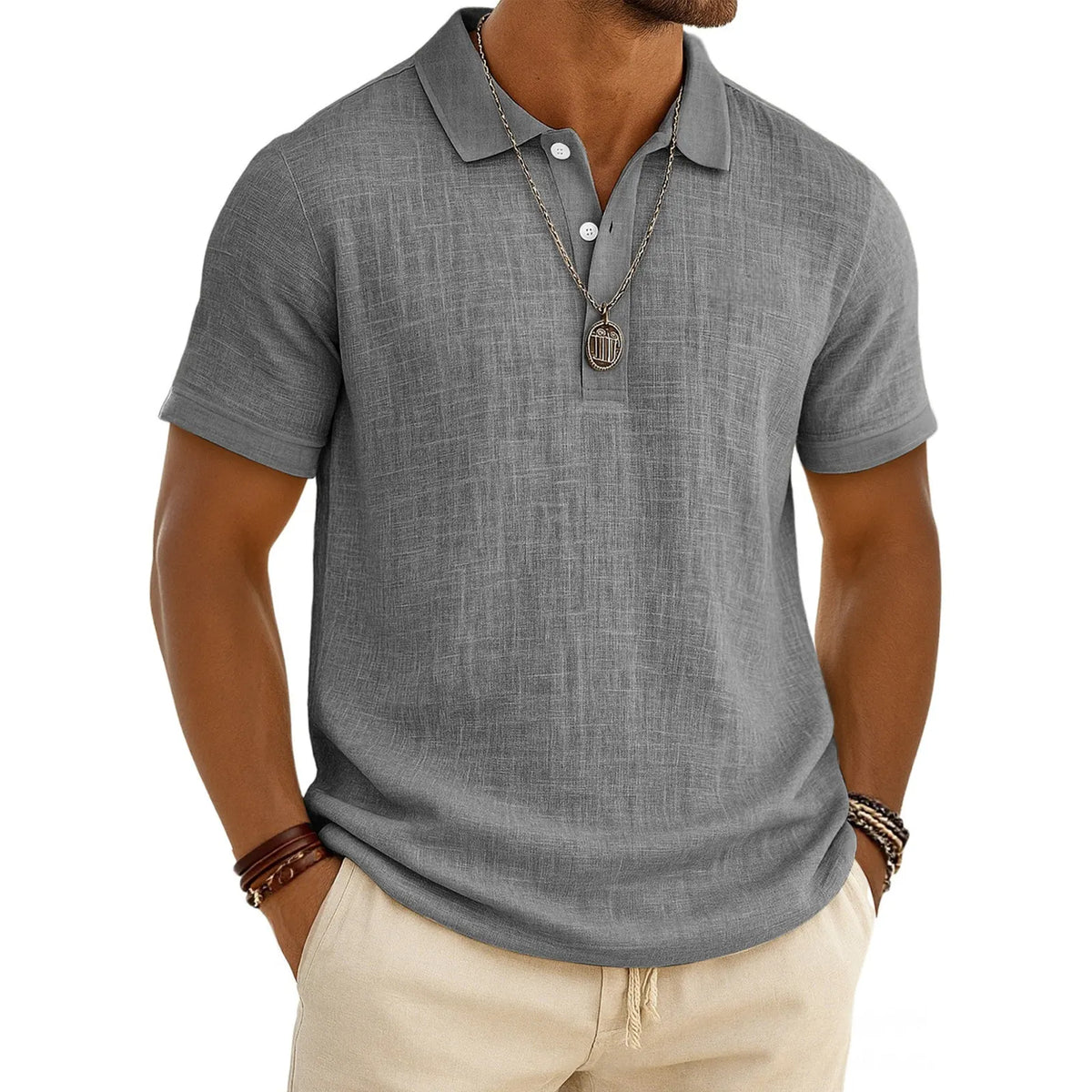 Men's Slub Cotton-Linen Casual Polo Shirt