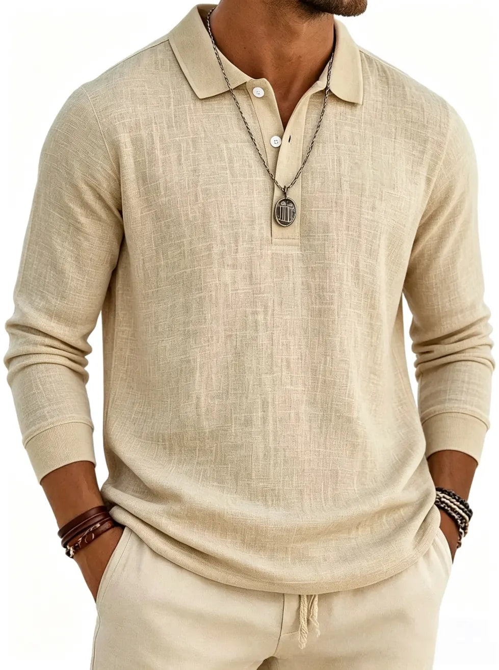 Men's Long Sleeve Cotton Linen Casual Polo Shirt