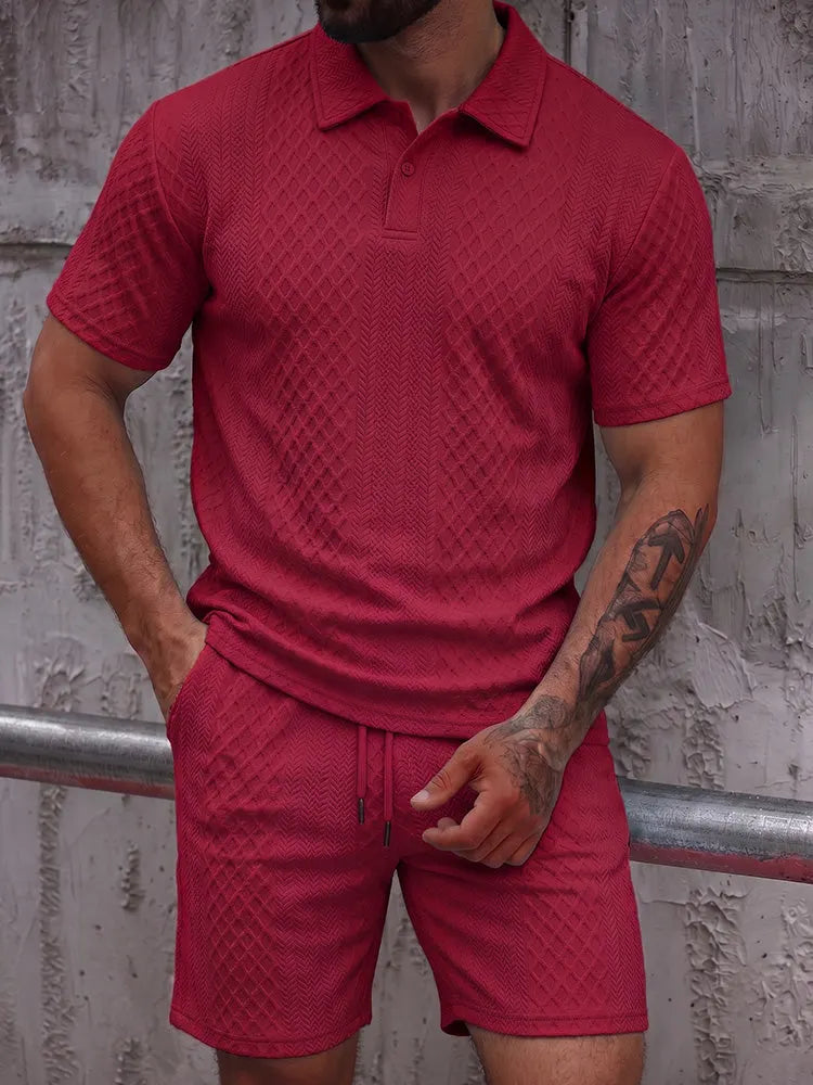 Textured Jacquard Polo Shirt and Shorts 2 Piece Set