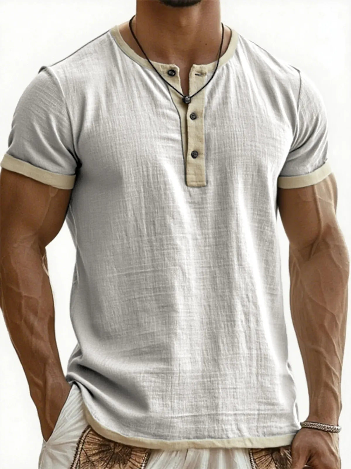 Men's Cotton Linen Casual Henley T-Shirt