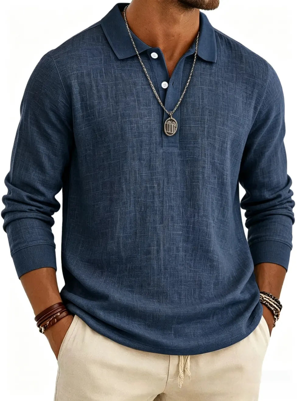 Men's Long Sleeve Cotton Linen Casual Polo Shirt