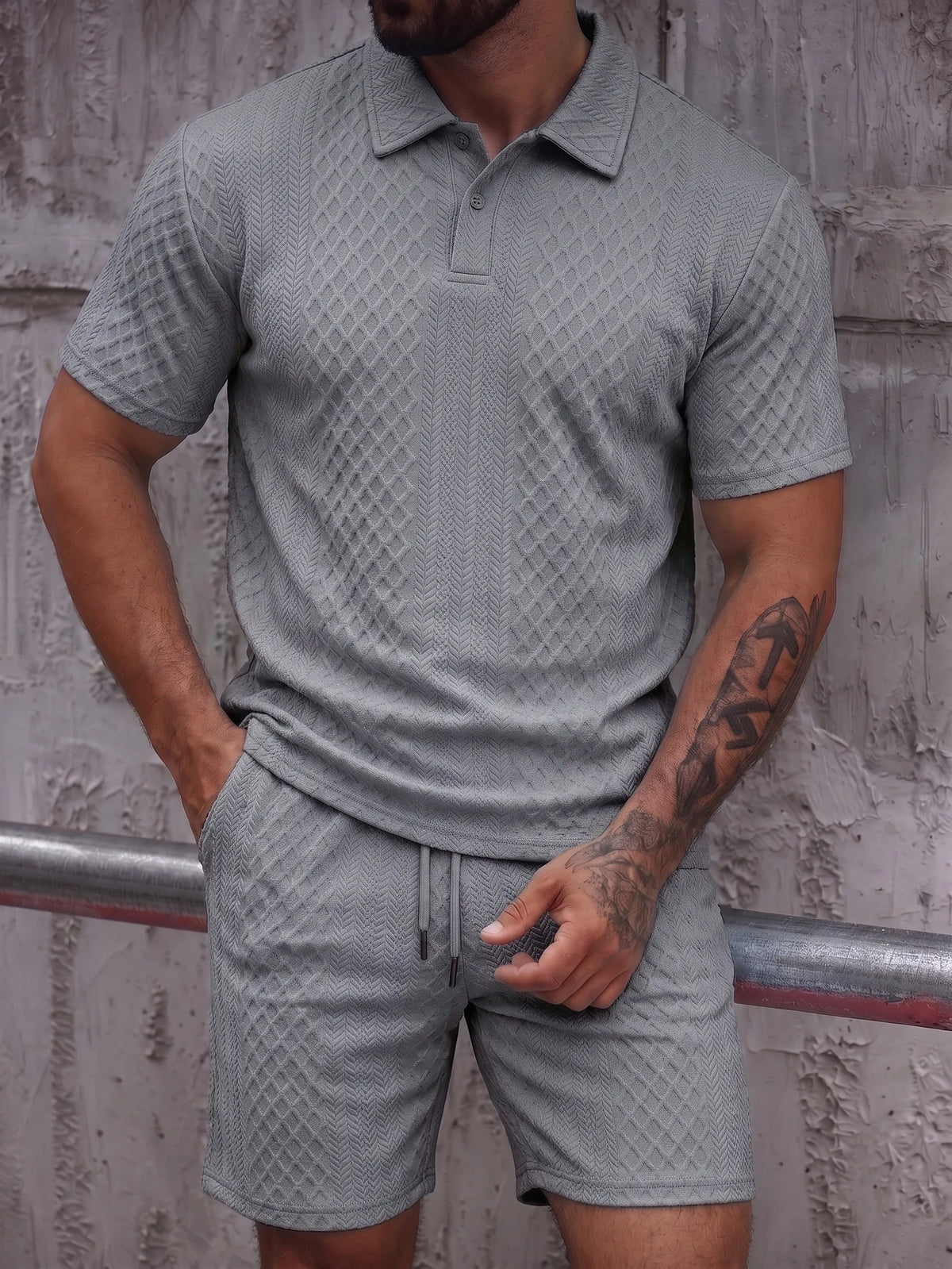 Textured Jacquard Polo Shirt and Shorts 2 Piece Set