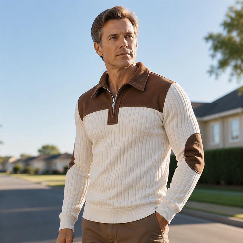 🧶 Textured Comfort | Men's Quarter-Zip Corduroy Knit Sweater